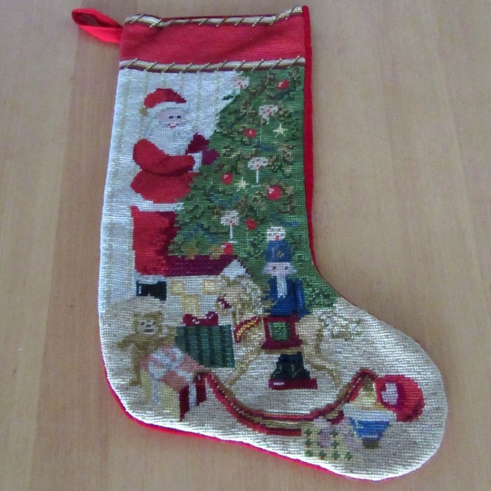 Red & green vintage needlepoint Christmas 14" stocking - Santa, toys and tree